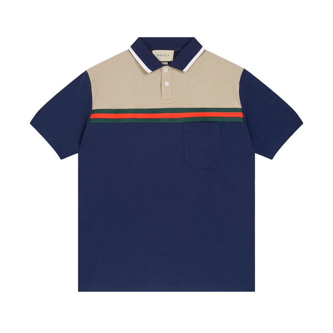 250313 New high quality tri-color woven with color contrast patchwork lapel polo