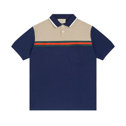 250313 New high quality tri-color woven with color contrast patchwork lapel polo
