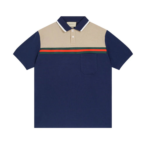 250313 New high quality tri-color woven with color contrast patchwork lapel polo