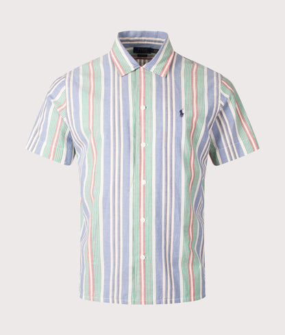 Classic Fit Short Sleeve Striped Chambray Camp Shirt
