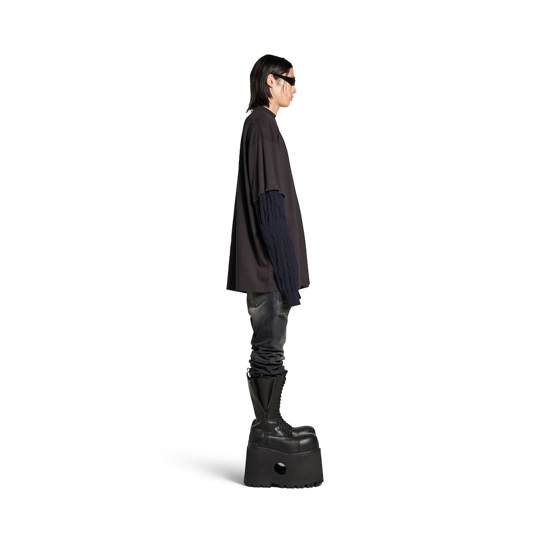 MEN'S HANDLE WITH CARE PATCHED SLEEVES T-SHIRT IN BLACK FADED