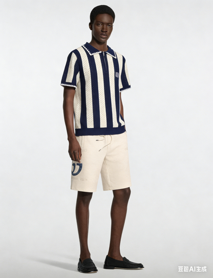 060311 New high-quality diamond-pattern jacquard design open-weave knit polo shirt