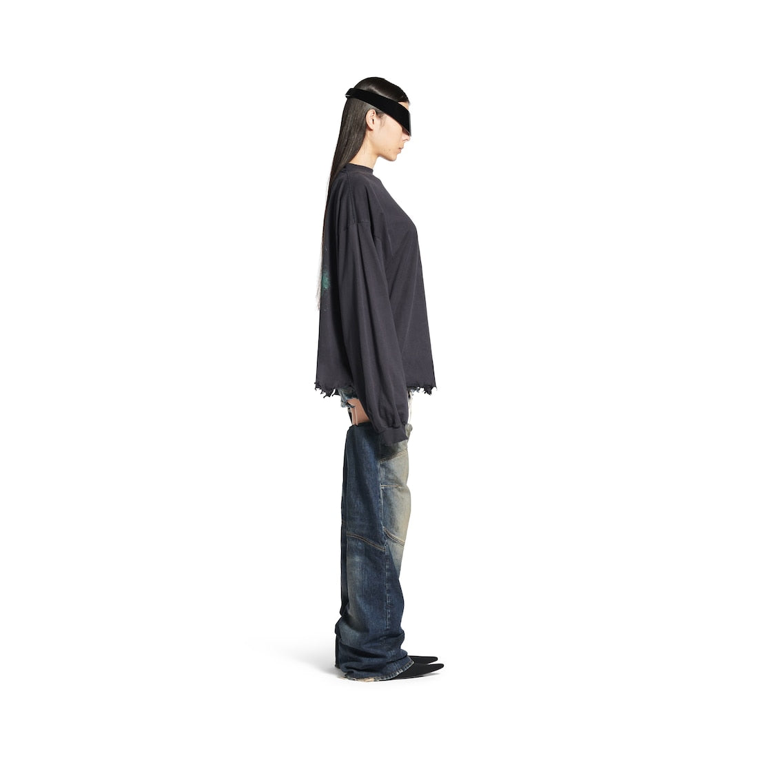 MEN'S DIY IMPRINT CROPPED LONG SLEEVE T-SHIRT IN BLACK FADED