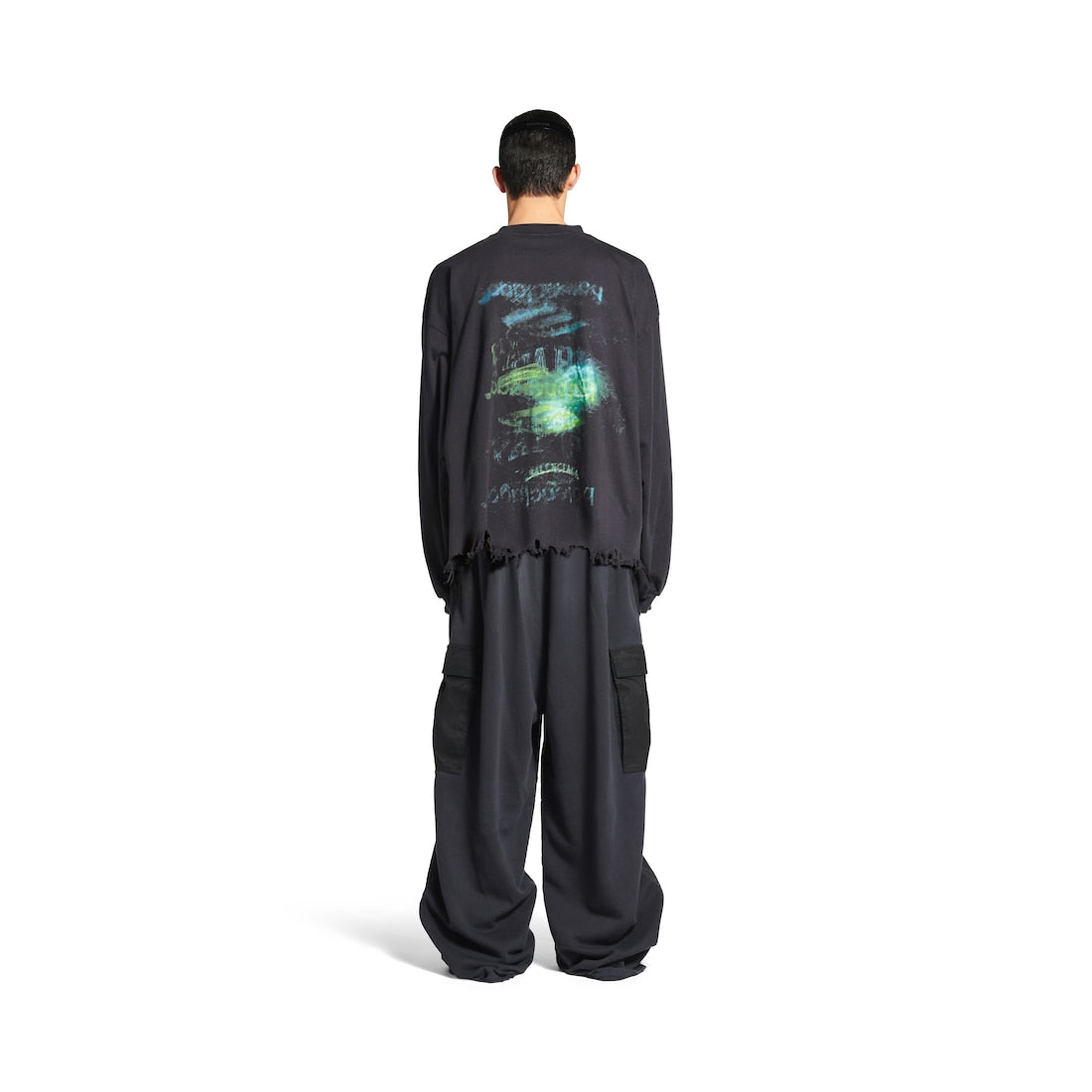 MEN'S DIY IMPRINT CROPPED LONG SLEEVE T-SHIRT IN BLACK FADED
