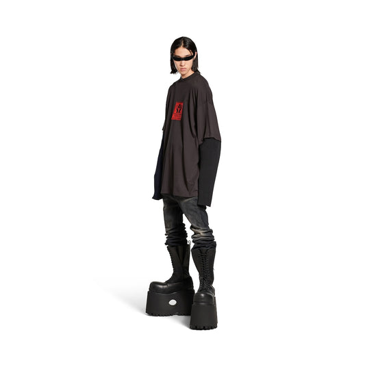MEN'S HANDLE WITH CARE PATCHED SLEEVES T-SHIRT IN BLACK FADED