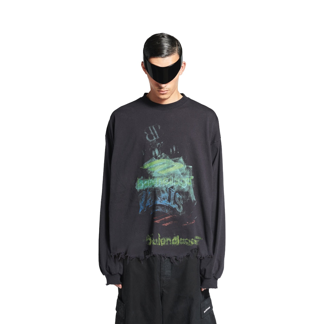 MEN'S DIY IMPRINT CROPPED LONG SLEEVE T-SHIRT IN BLACK FADED