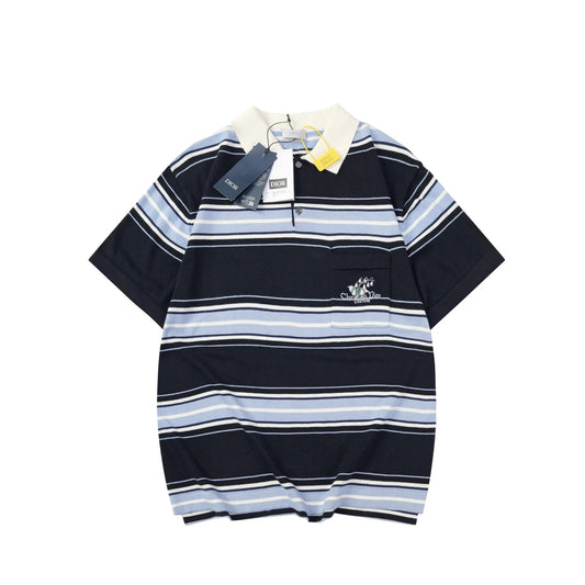 250917 New high-quality embroidered lily of the valley lapel striped POLO